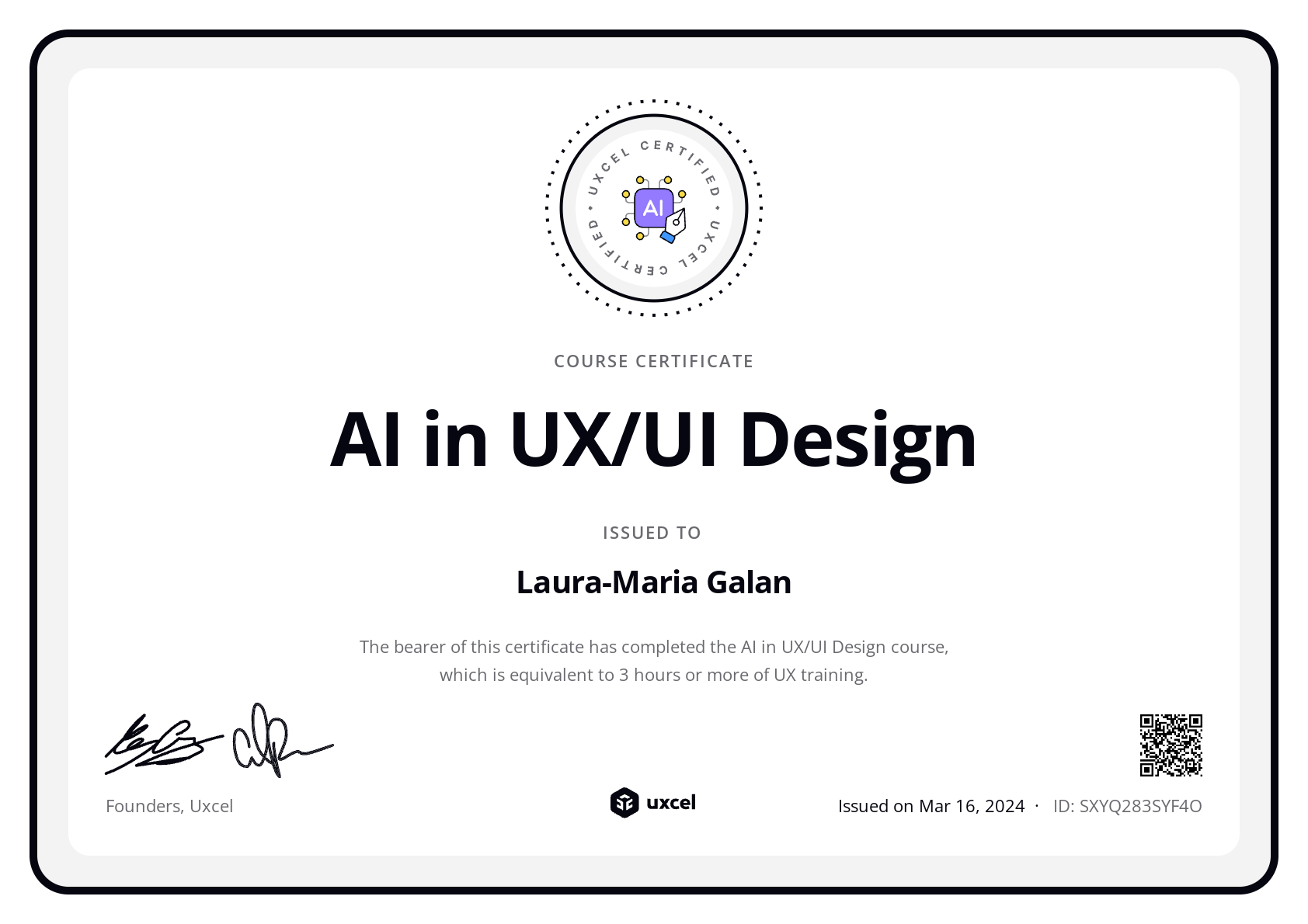 Laura-Maria Galan's certificate